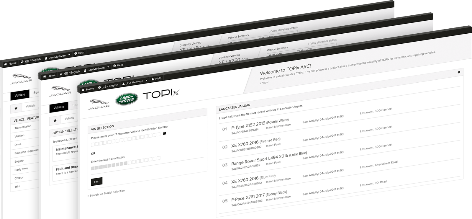 JLR TOPIx ARC interface showing multiple vehicle screens and VIN selection