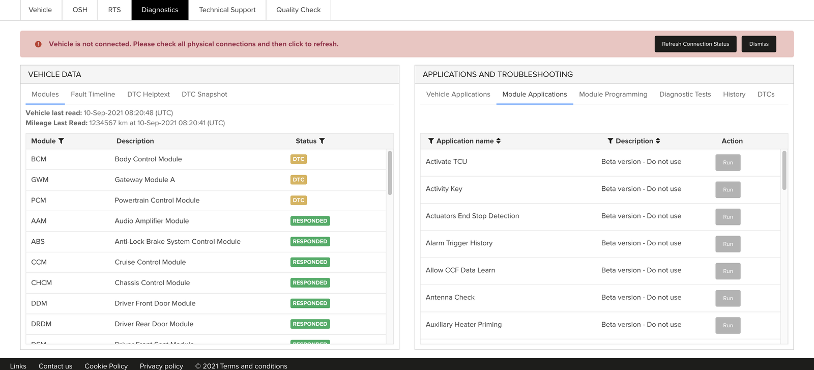 TOPIx vehicle diagnostics page showing module status and DTCs