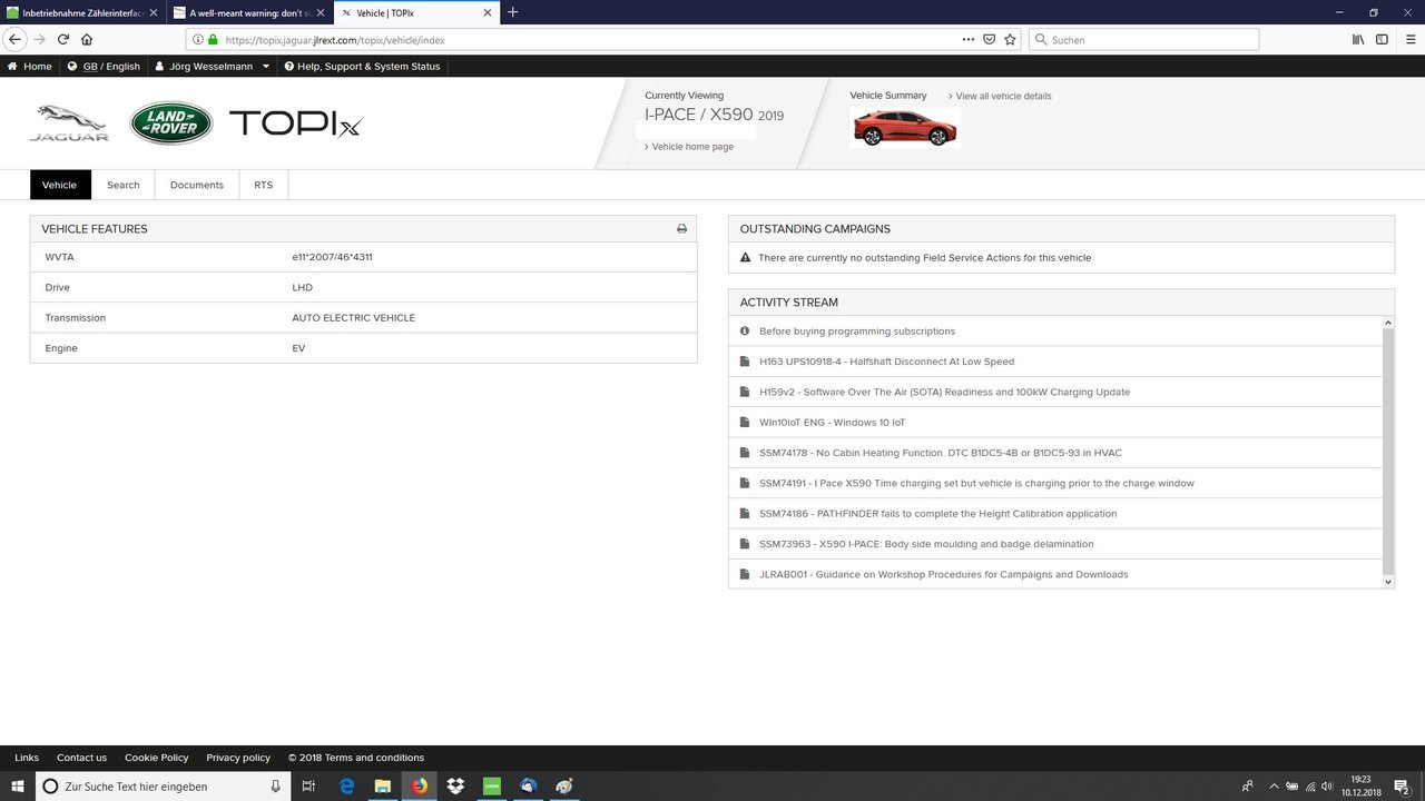 TOPIx vehicle homepage showing I-PACE X590 vehicle features and activity stream